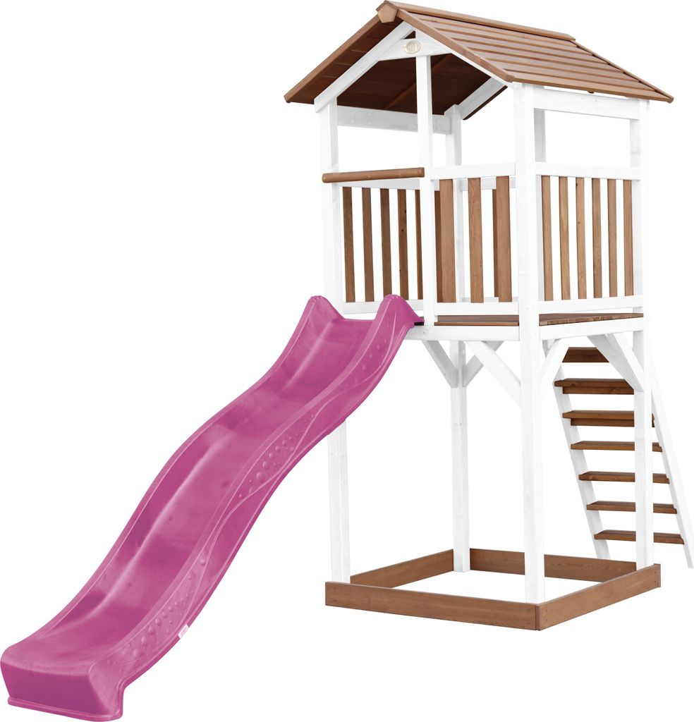 AXI Beach Tower Spielturm aus Holz in Braun & Weiß | Spielhaus für Kinder mit lila Rutsche und Sandkasten | Stelzenhaus für den Garten