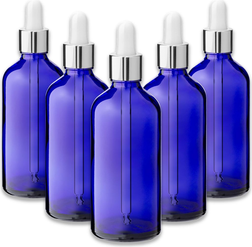 5x Blaue Glasflasche 100 ml mit silberner Aluminium-Pipette Tropfer