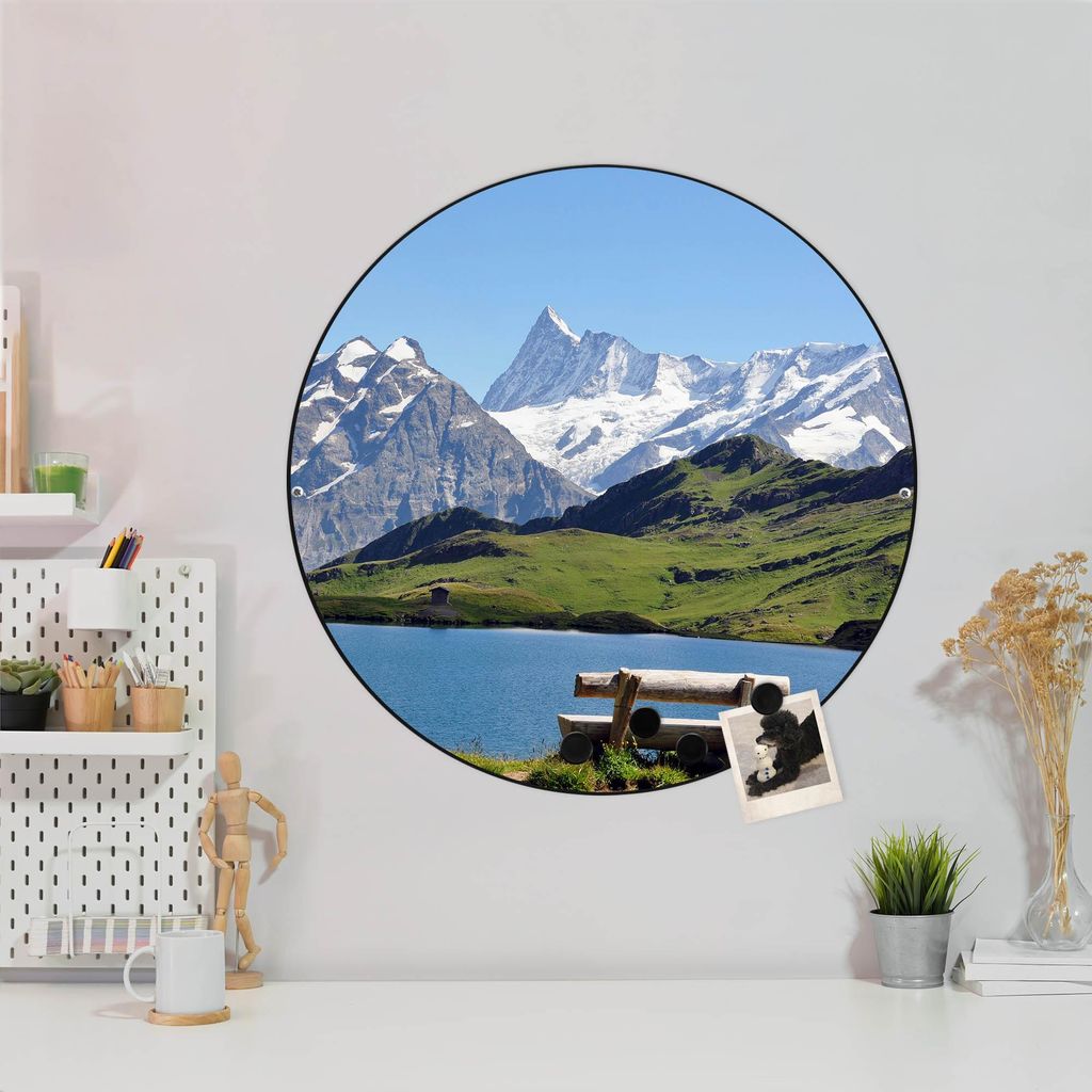 Design Stahlmagnettafel Schwarz Rund 47cm Alpen