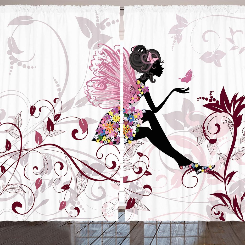 ARANDE Prinzessin Gardine, Blumen Fee Mit Schmetterlings Niederlassungen Verziert Blumenfrühlings, 280 x 175 cm, Maroon Schwarz Rosa