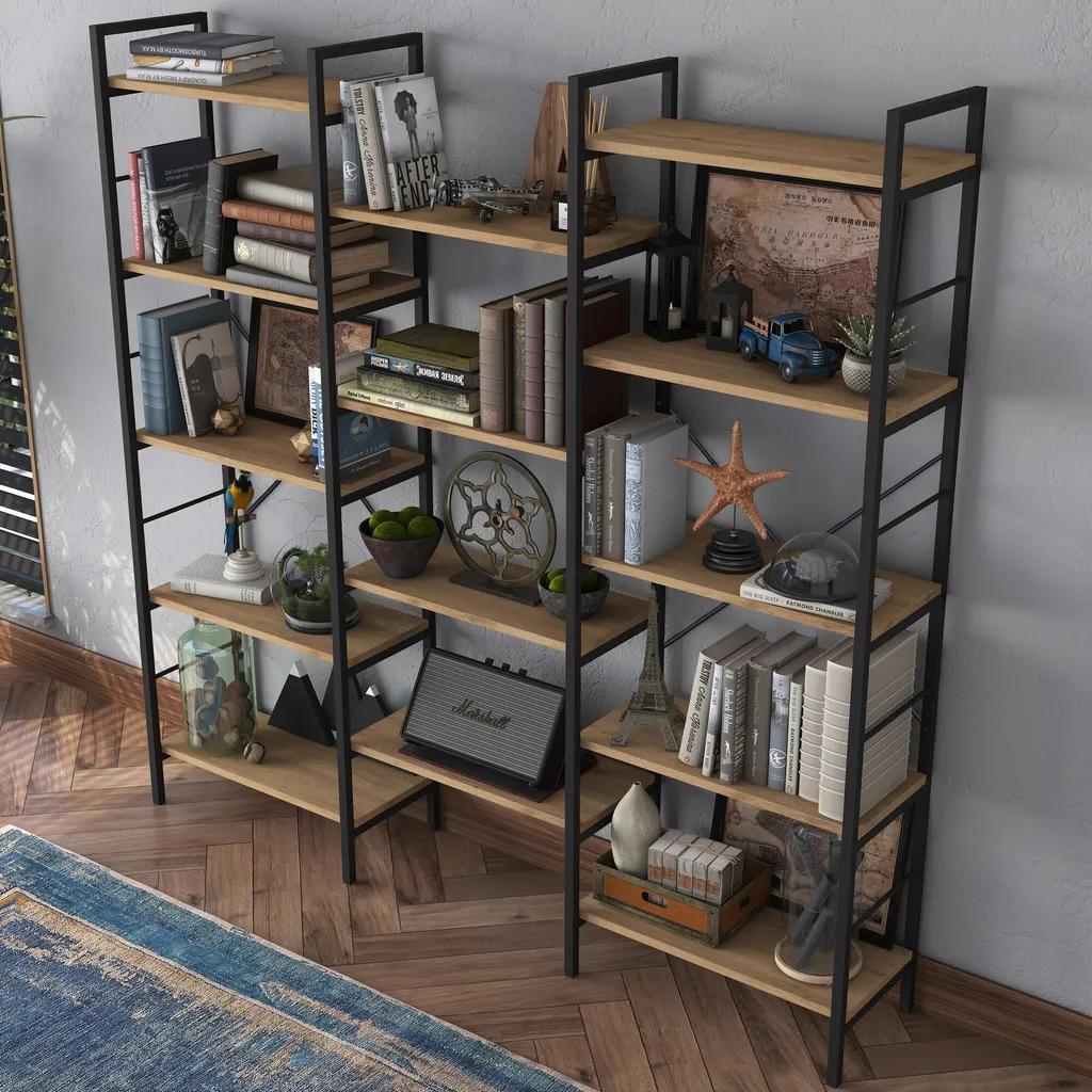 Bibliothèque Gain de Place 176x172 cm, Solution Rangement Noyer Durable