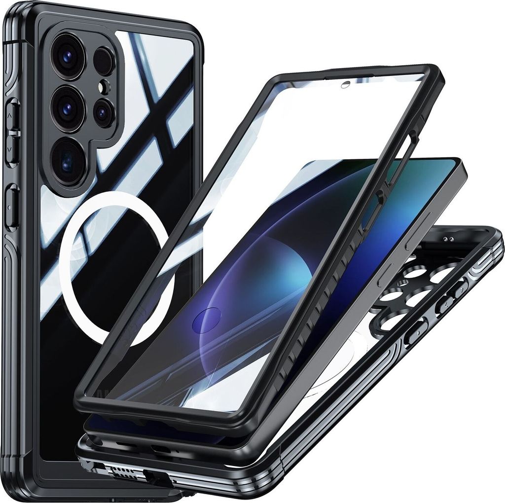 A disassembled phone case with a phone inside, shown against a white background.