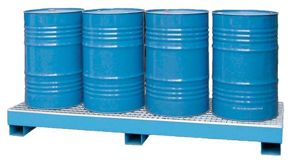 Auffangwanne aus 3 mm Stahlblech, RAL 5015, für 4 Stück 200-l-Fässer, stehende Lagerung, Wannenvolumen Auffangvol. 210 l, BxTxH 2400x820x240 mm