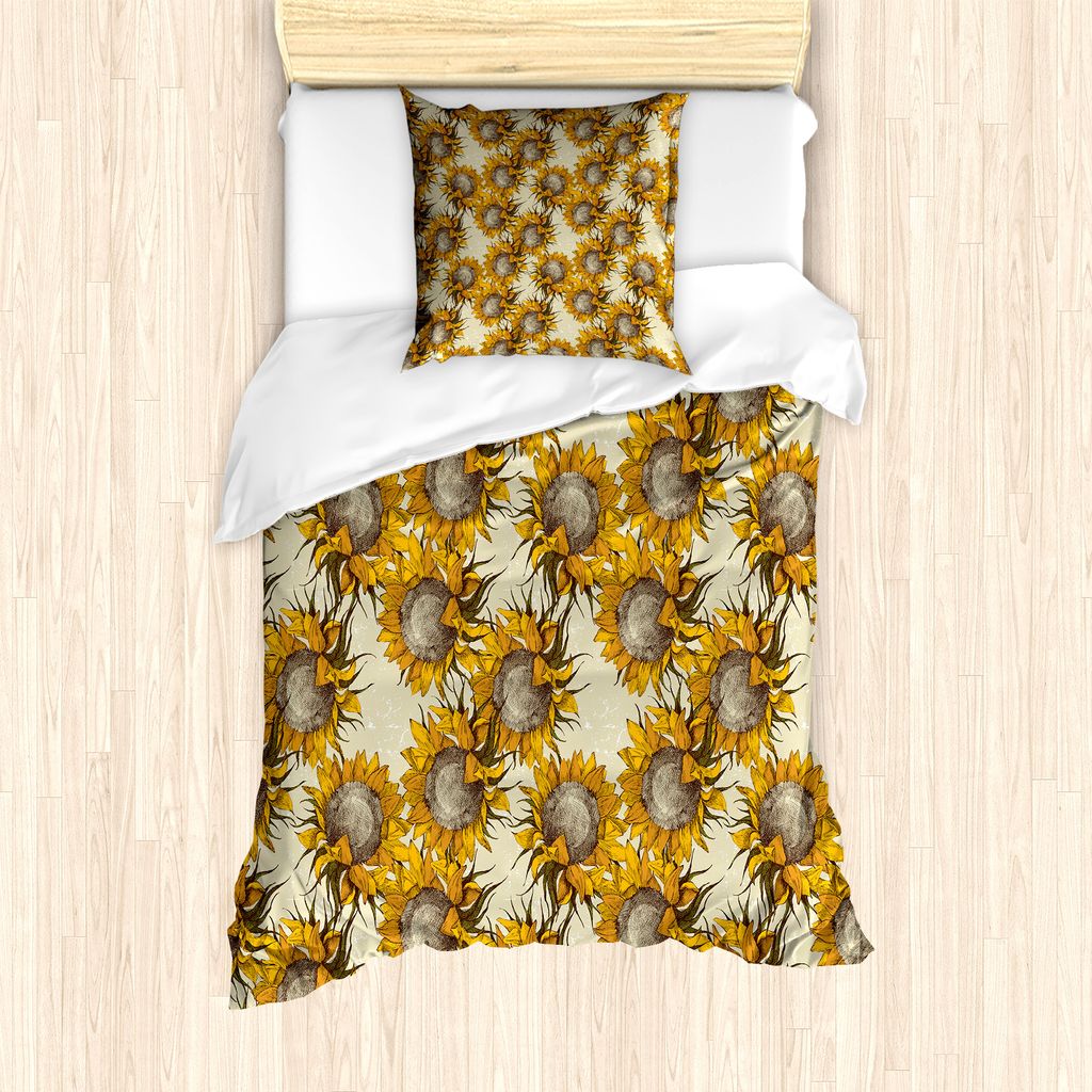 ABAKUHAUS Sonnenblume Bettbezug Set für Einzelbetten, Vintage Nature Ornament, Milbensicher Allergiker geeignet mit Kissenbezug, 135 cm x 200 cm -...