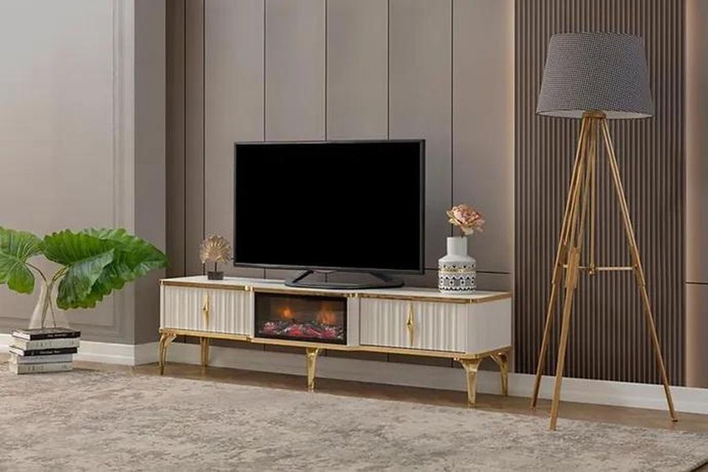 Wohnzimmer TV-Lowboard weiß + gold MDF Sideboard Metall RTV Luxus Neu
