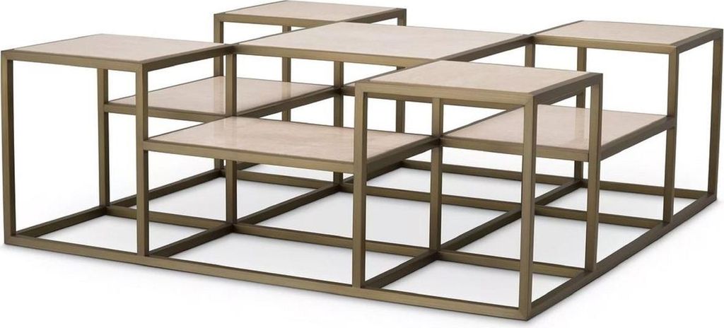Casa Padrino Luxus Couchtisch Messing / Beige 120 x 120 x H. 41,5 cm - Quadratischer Edelstahl Wohnzimmertisch mit Travertin Tischplatten - Wohnzim...