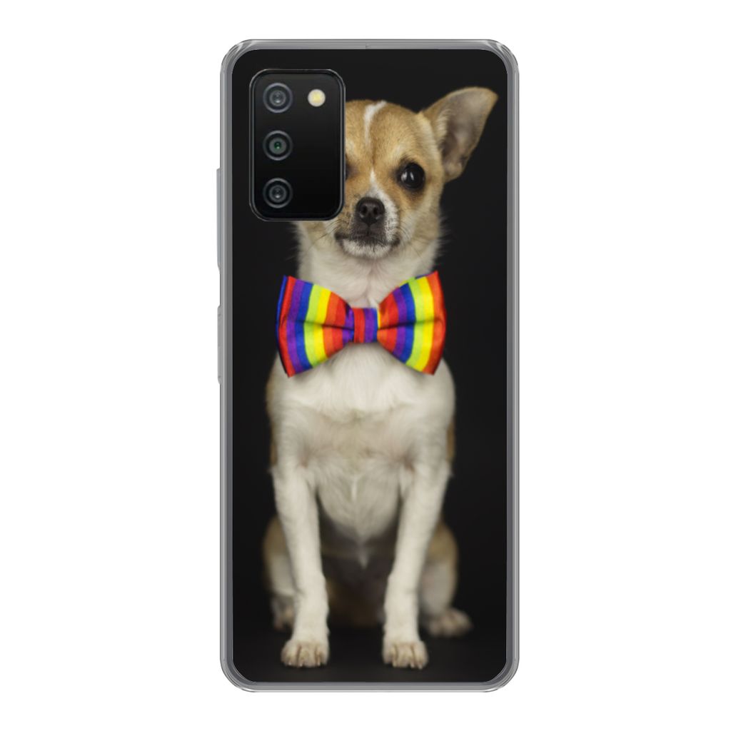 MuchoWow Handyhülle Schutzhülle Hülle für Samsung Galaxy A03s Hund - Fliege - Schwarz Silikon Softcase Handy Hülle