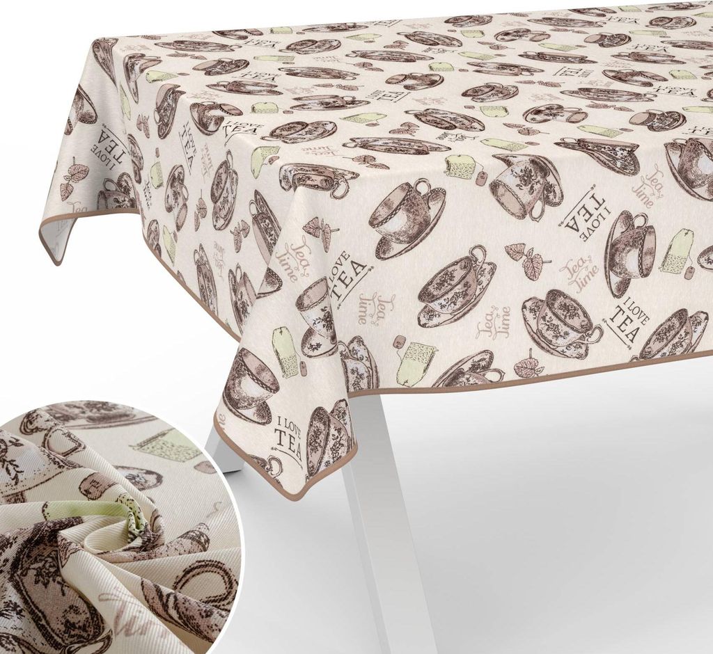 Tischdecke Teetime mit Tee und Kaffee aus Textil Tischtuch mit Beschichtung Tischwäsche English Beige Breite 140cm Länge 240cm mit Paspelband