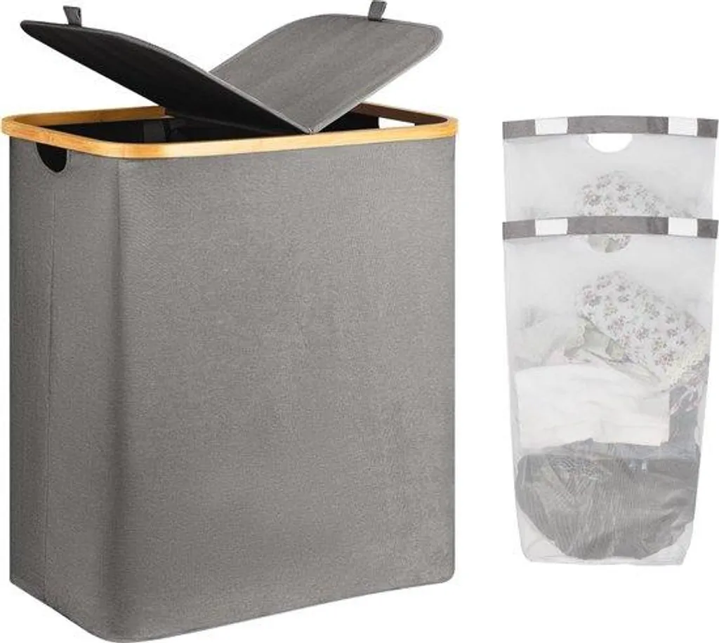 Panier à linge 140 L pliable gris foncé - Double bac de tri pratique