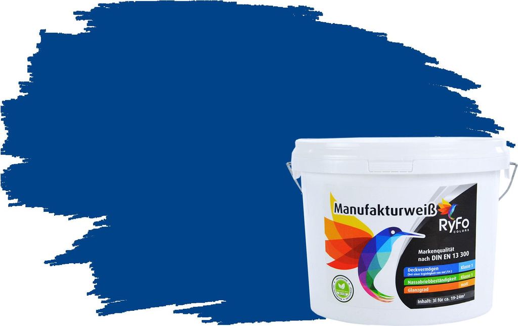 RyFo Colors Bunte Wandfarbe Manufakturweiß Signalblau 3l - weitere Grau Farbtöne und Größen erhältlich, Deckkraft Klasse 1, Nassabrieb Klasse 1