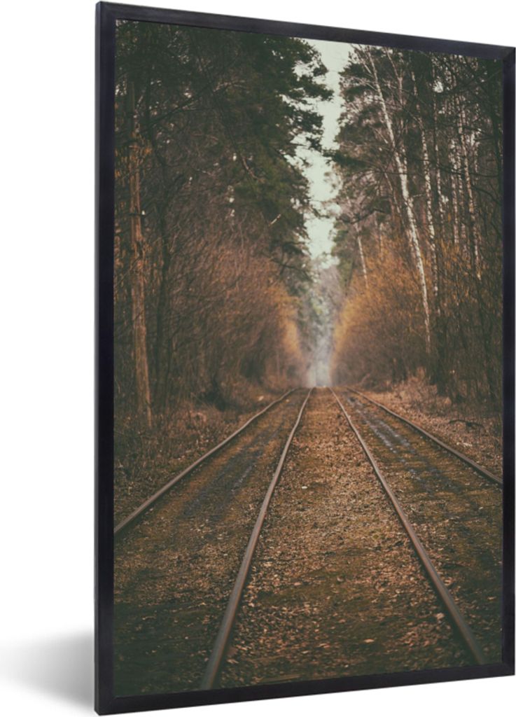MuchoWow Gerahmtes Poster Bahnstrecke - Weg - Wald - Baum 40x60 cm - Poster mit Schwarzem Bilderrahmen Wandposter Rahmen Foto Bilder - Papierdruc...