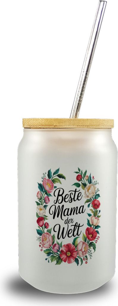 Beste Mama der Welt Trinkglas mit Bambusdeckel Blumenkranz