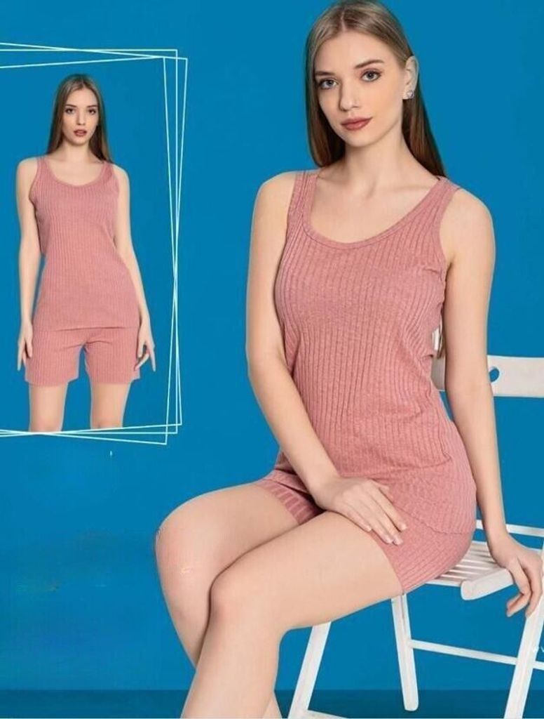 Damen Pyjama Rosa L Shorty Kurz 2-Teiler Set Baumwolle C-84