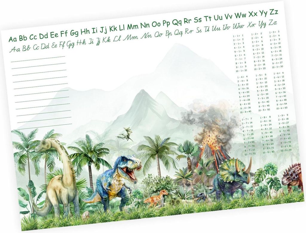 A3 Schreibtischunterlage Papier Dinosaurier – Vulkan & Urzeitwelt 1x1 | 50 Blatt