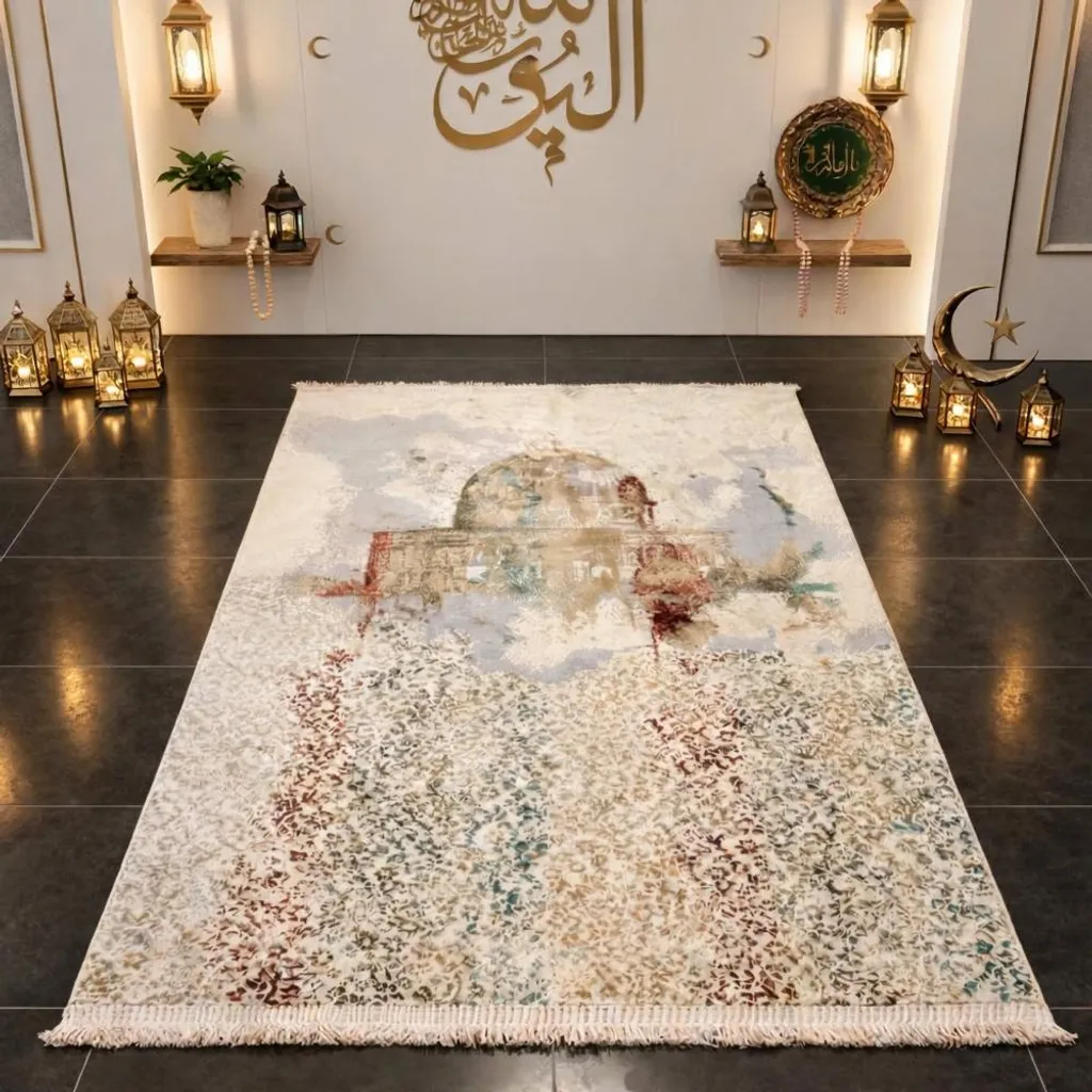 Tapis de Salât grand format beige à motif mosquée - Confort et Tradition