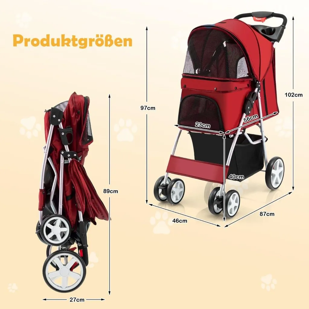 Poussette pliable rouge pour animaux avec panier de rangement - Modèle P32