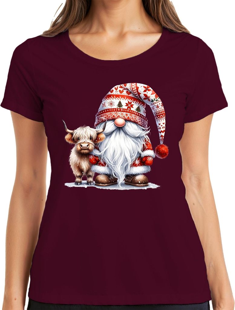 Niedlicher Weihnachtsmann mit Kuhhornmütze Weihnachtsdekoration Damen T-Shirt, Burgundy, S