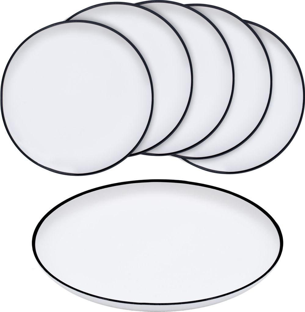 A set of white plates with black rims, stacked and one plate in the foreground.