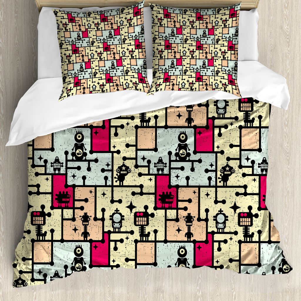 ABAKUHAUS Platz Bettbezug, Roboter auf Grid Squares, Milbensicher Allergiker geeignet mit Kissenbezügen, 200 cm x 200 cm - 80 x 80 cm, Mehrfarbig