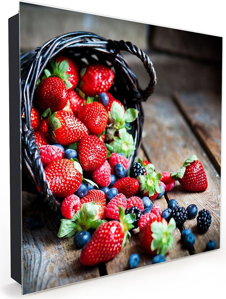 Nachbildung-Schlüsselkasten, Magnetpinnwand und Memoboard mit Glasfront Motiv Beeren aus Korb fallend