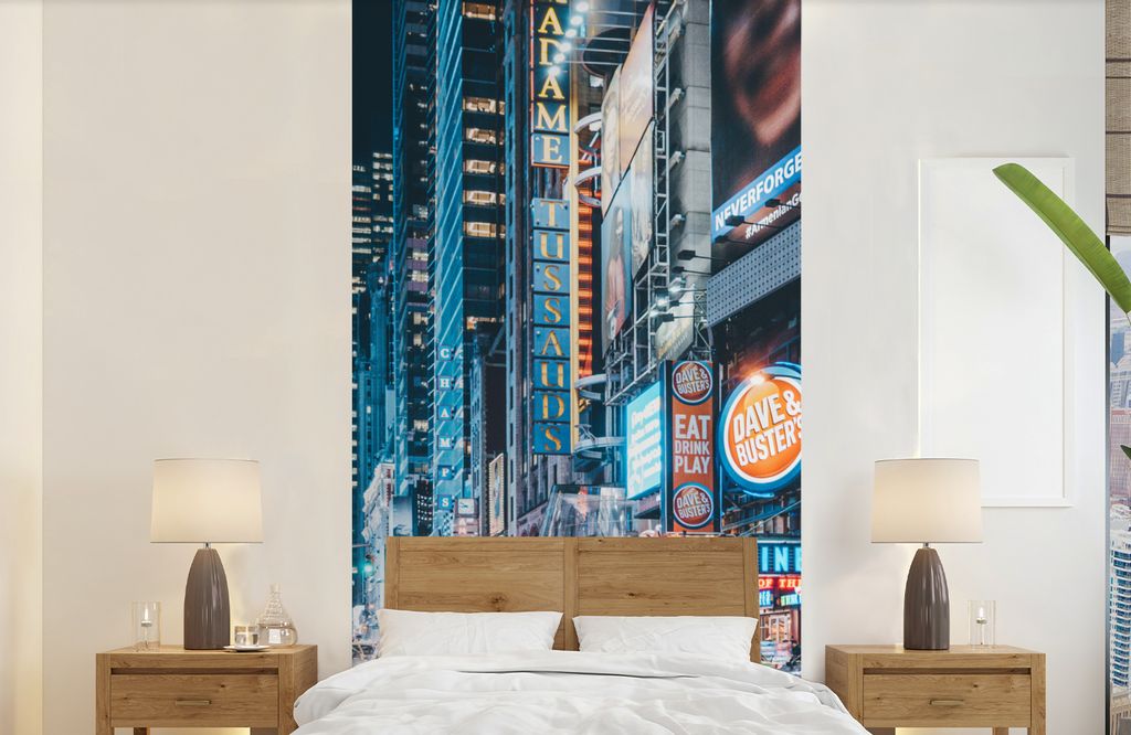 MuchoWow Fototapete für Wohnzimmer oder Schlafzimmer Wandtapete Vinyl Motivtapete New York bei Nacht - 120x240 cm - Hintergrundbild