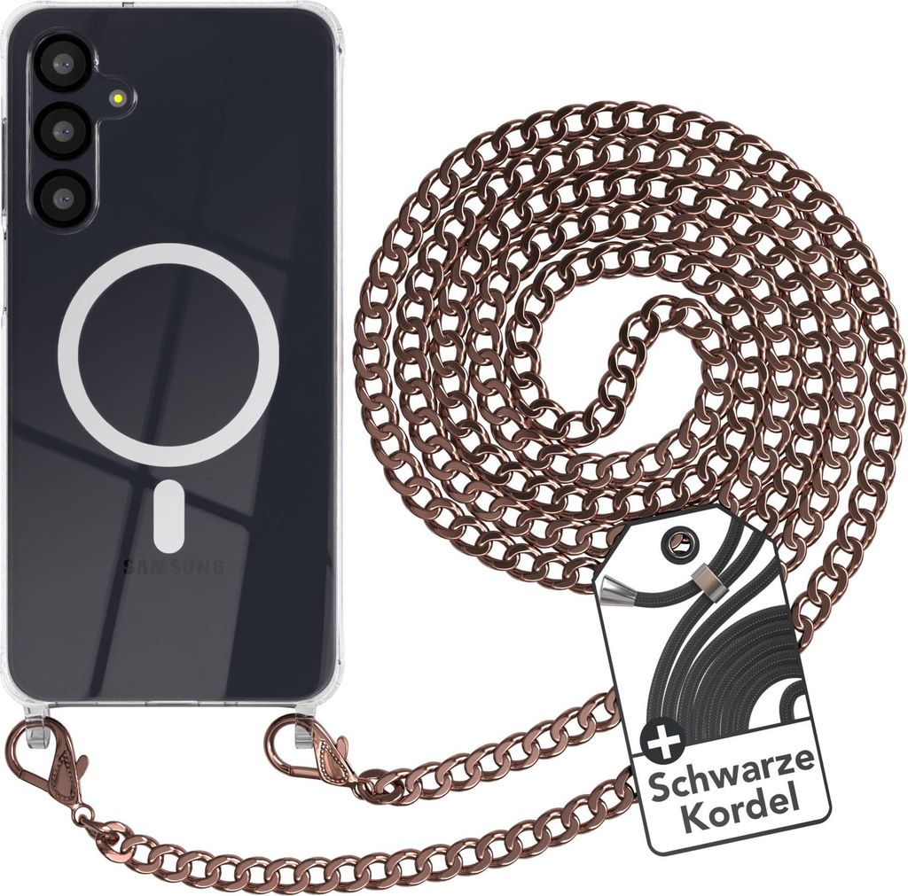 EAZY CASE Handykette kompatibel mit Samsung Galaxy A16, Kette zum Umhängen aus Metall, Silikonhülle mit Band, stoßfest, mit MagSafe in Gold