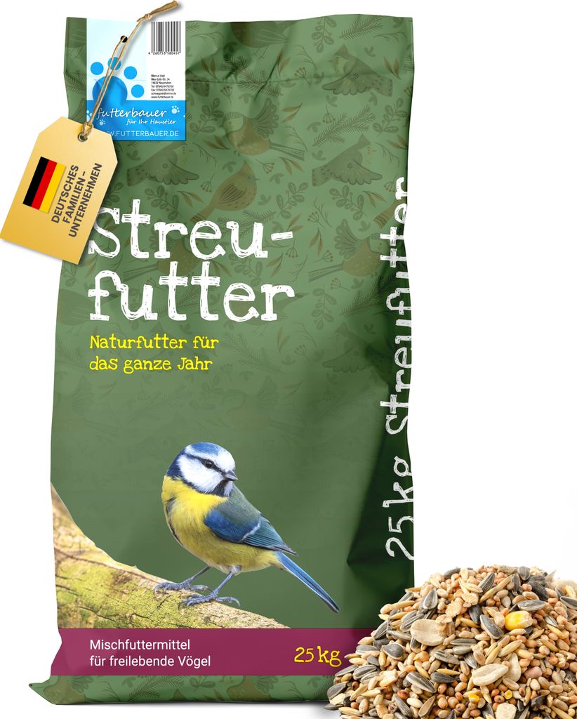 A bag of birdseed with a blue tit perched on a branch, and a pile of birdseed in the foreground.