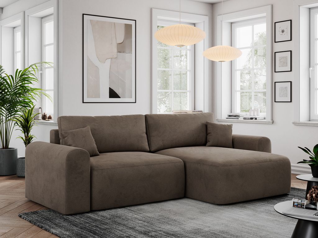 MKS MEBLE Sofa L-Form, Ecksofa mit Schlaffunktion, Wohnlandschaft L-Form mit Kissen, Couch L-Form - Nelson - Braun Velvet