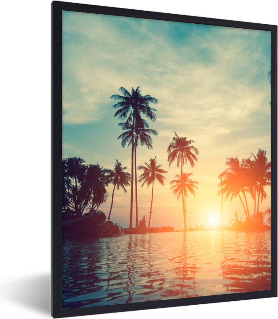 MuchoWow Gerahmtes Poster Meer - Sonnenuntergang - Palme - Wolken 60x80 cm - Poster mit Schwarzem Bilderrahmen Wandposter Rahmen Foto Bilder - Pr...