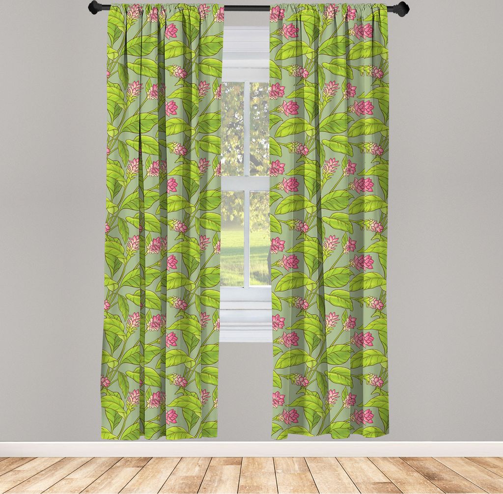 ABAKUHAUS Botanisch Vorhänge, Gardinen, Blumenmuster Cartoonish Recht Kurkuma Blüten, 2 Stück 75 x 245 cm, , Green Apple Grün