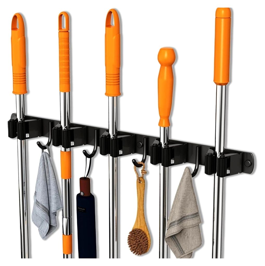 Besenhalterung mit 5 Halterungen und 4 Haken, Wandbesenhalter, ohne Bohren, Wandmontage mit Schrauben, Aufbewahrung für Besen in Waschküche, Bade...