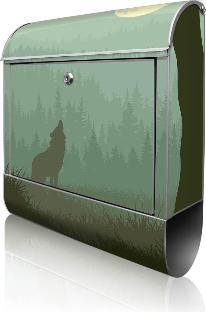 banjado Design Briefkasten Stahl silber mit Zeitungsfach pulverbeschichtet "Heulender Wolf" 38x46x12,5cm & 2 Schlüssel - Postkasten A4 Einwurf ink...