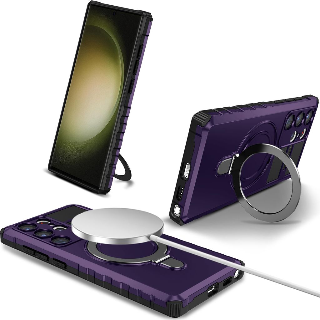 Für Samsung Galaxy S23 Ultra Hülle Magsafe Magnetisch Ring Ständer Schutzhülle, Dual Layer Handyhülle Lila