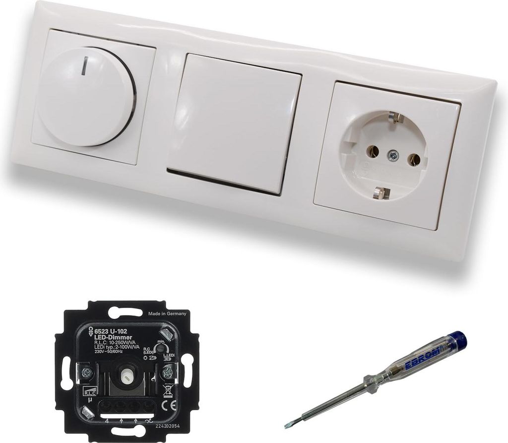Busch Jäger 6523U-102 LED Drehdimmer Dimmer + Scheibe 2115-914 + Taster 2020US + Steckdose mit Kinderschutz 20EUCKS-914 Balance Si alpinweiß + EB...
