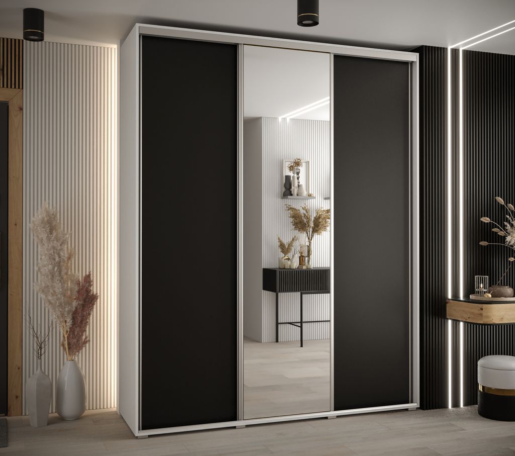 Kleiderschrank ASIRI 3 – 190/45 cm, weiß/schwarz/silber