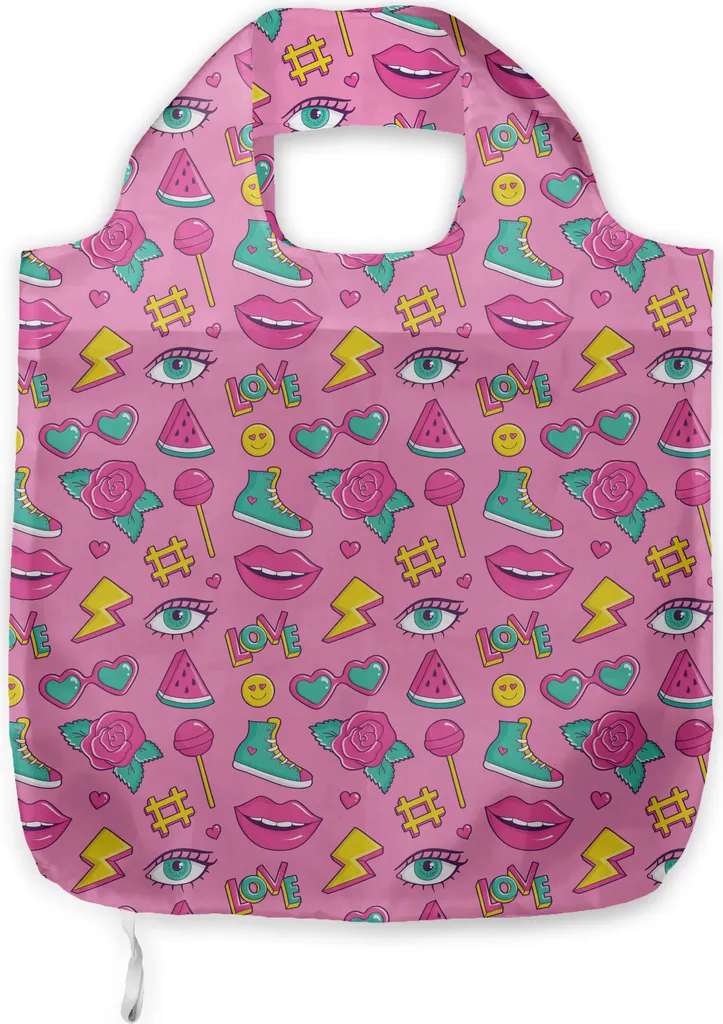 Shopping Bag ABAKUHAUS: Borsa Tessuto Emoji Rosa Mare Verde Giallo