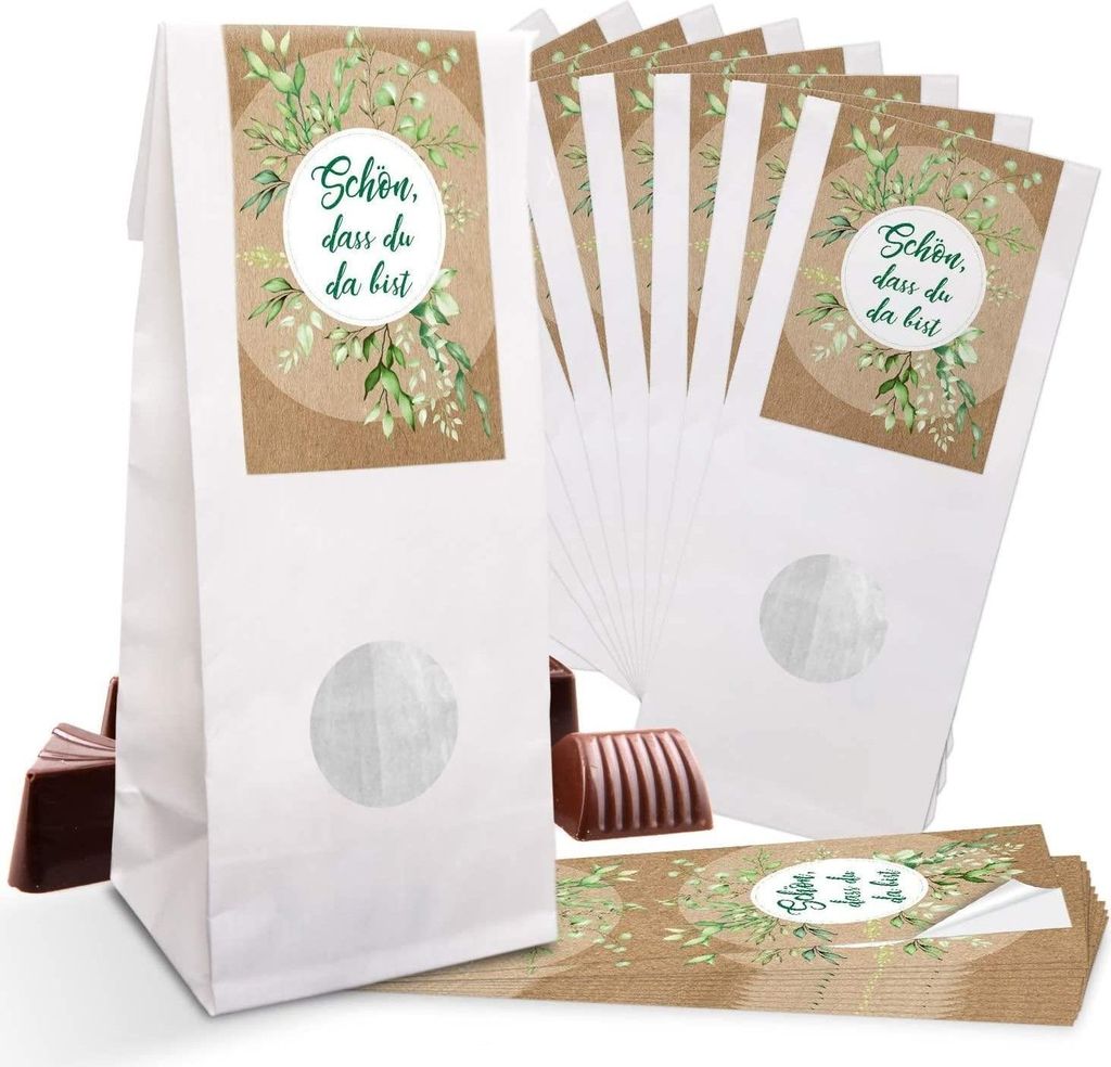 Kleine Blockbodenbeutel 7 x 4 x 20,5 cm mit Folieneinlage – Gastgeschenk & Geschenkverpackung für Feste"Schön, dass du da bist" schwarz, weiß ...