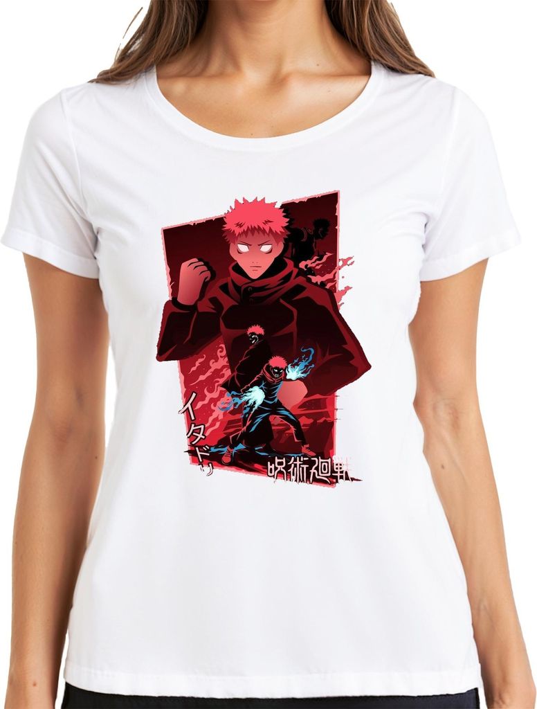 Itadori Yuji Jujutsu Kaisen Fan Anime rot düster Flammen Geschenk Damen T-Shirt, Weiß, XL