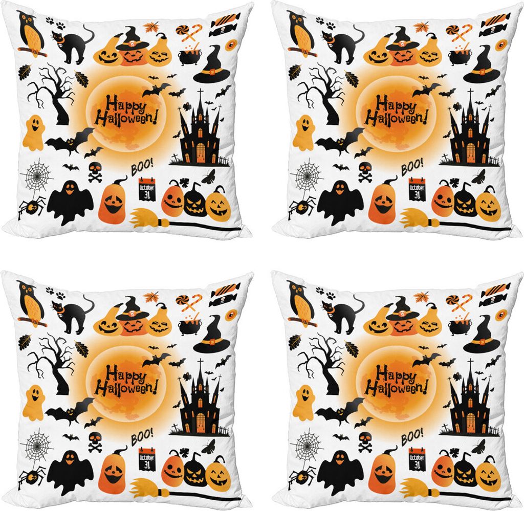 ABAKUHAUS Halloween Kissenbezug Set (4 Stück), Glücklicher Geist, Moderner Doppelseitiger Digitaldruck, 50 cm x 50 cm, Orange Schwarz