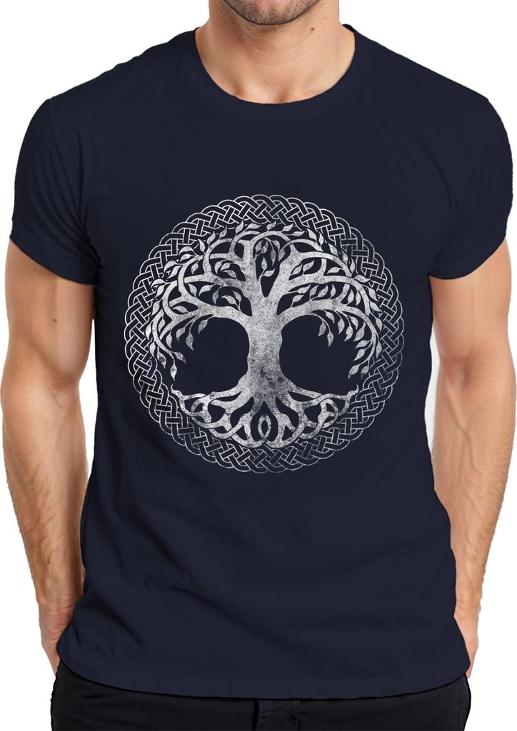 Keltischer Lebensbaum Knoten Ornament Yggdrasil Druide Mystisch Herren T-Shirt, Navy, S