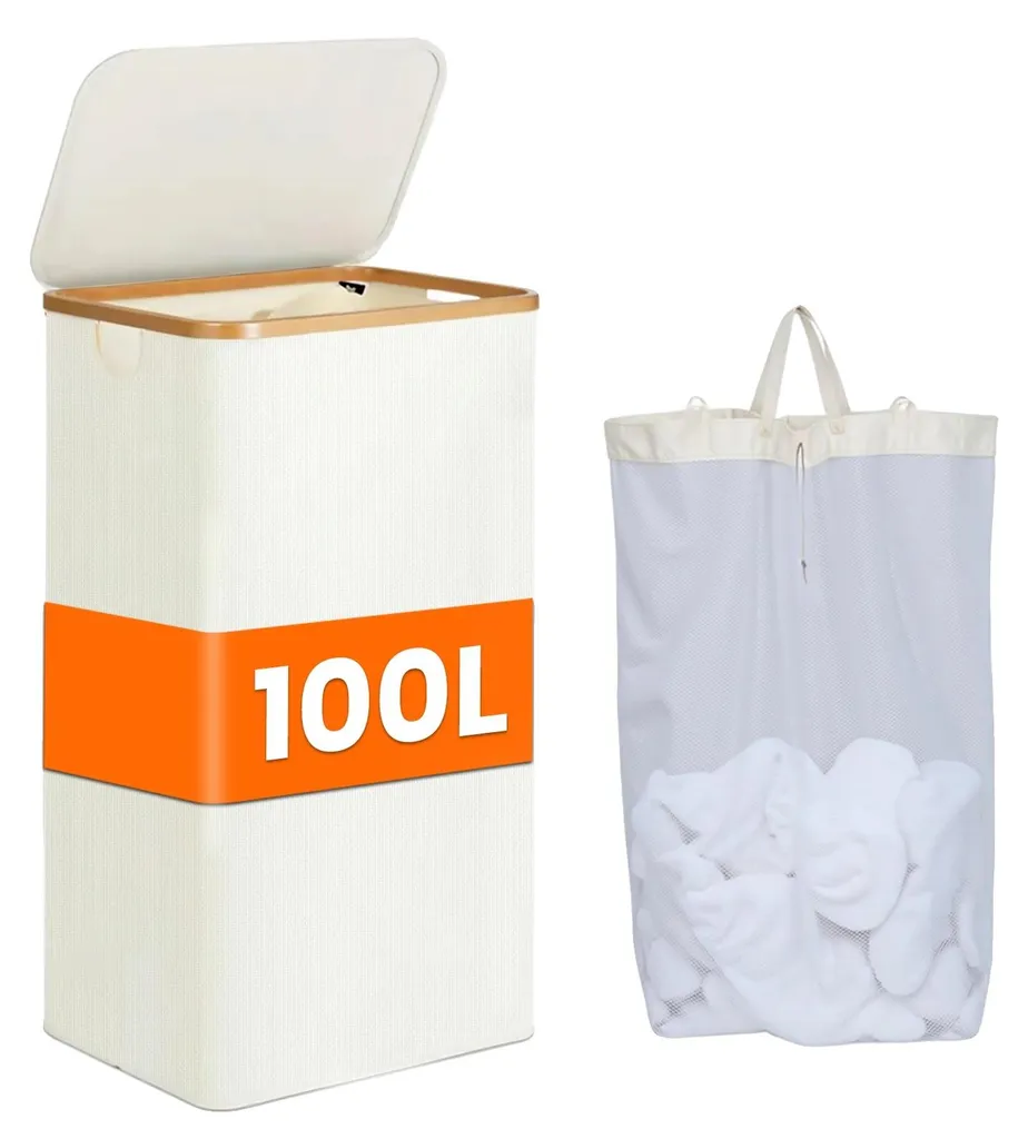 Corbeille à linge 100 L beige double bac imperméable pour buanderie