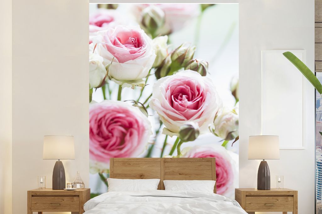 MuchoWow Fototapete für Wohnzimmer oder Schlafzimmer Wandtapete Vinyl Motivtapete Nahaufnahme von blühenden rosa Rosen - 225x350 cm - Schlafzim...