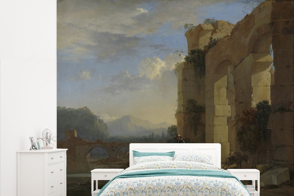 MuchoWow Fototapete für Wohnzimmer oder Schlafzimmer Wandtapete Vinyl Motivtapete Eseltreiber in der Nähe einer italienischen Ruine - Gemälde ...