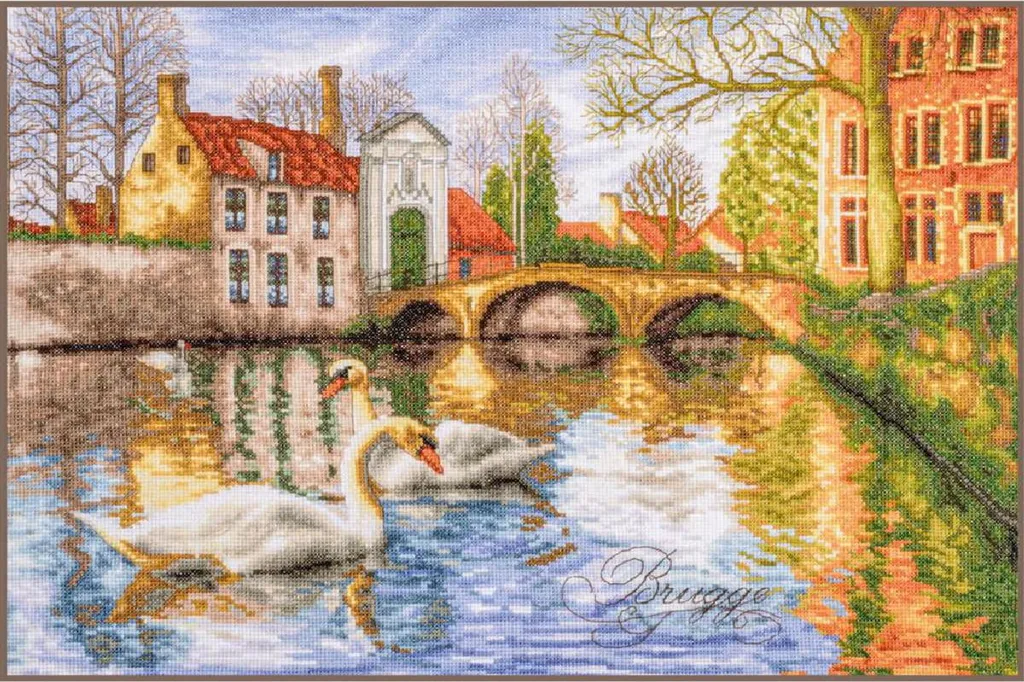 Kit Broderie Point de Croix pour Décoration Murale Cygnes de Bruges