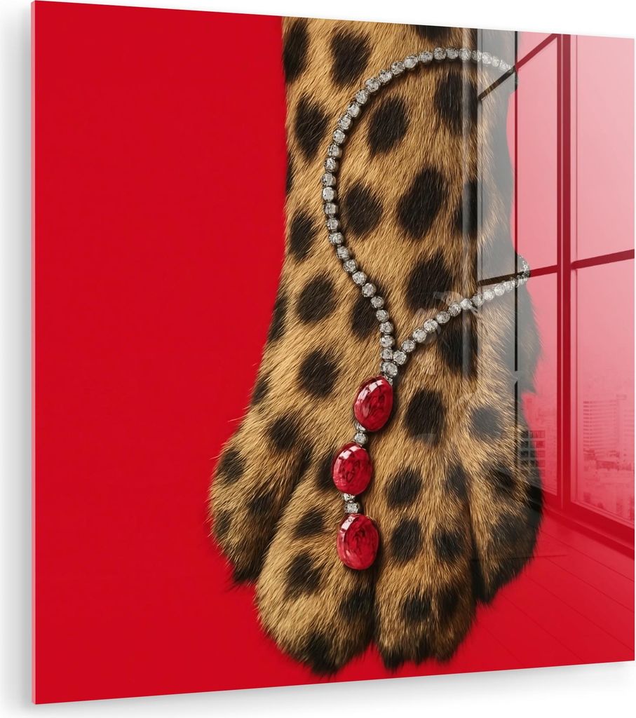 MuchoWow Glasbilder - Bilder auf Wandbild - Foto auf Glas Pfote - Leopard - Kette - Edelsteine 50x50 cm Wanddekoration aus Glas - Acrylglasbild - A...