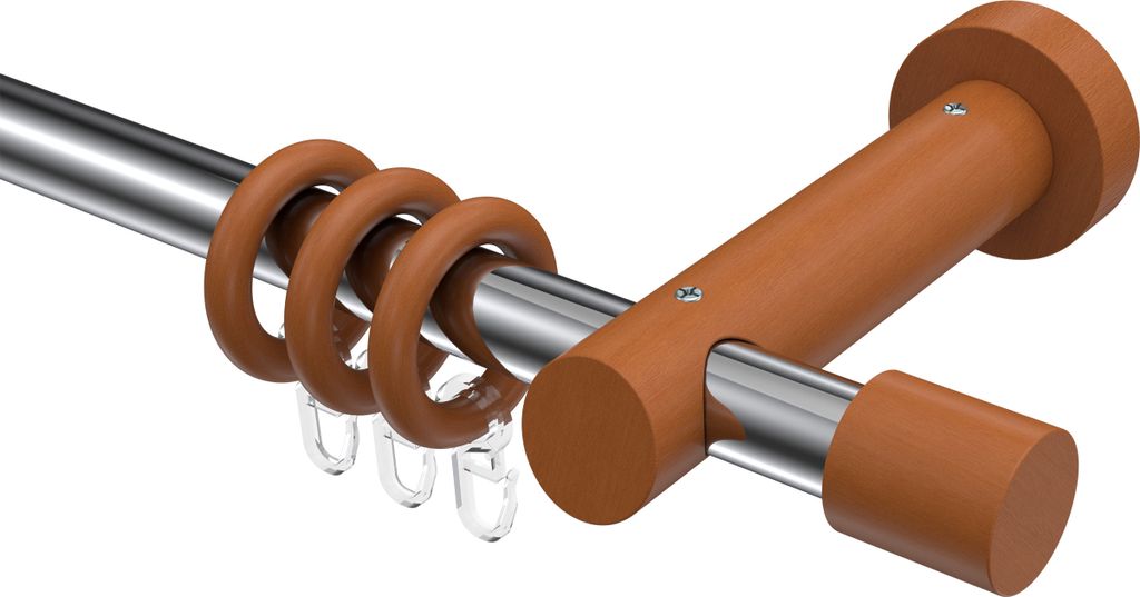 Interdeco Gardinenstange / Vorhangstange Chrom / Kirschbaum lackiert, Typ Talena Feta (Kappe), 20 mm Ø 1-läufig, 160 cm