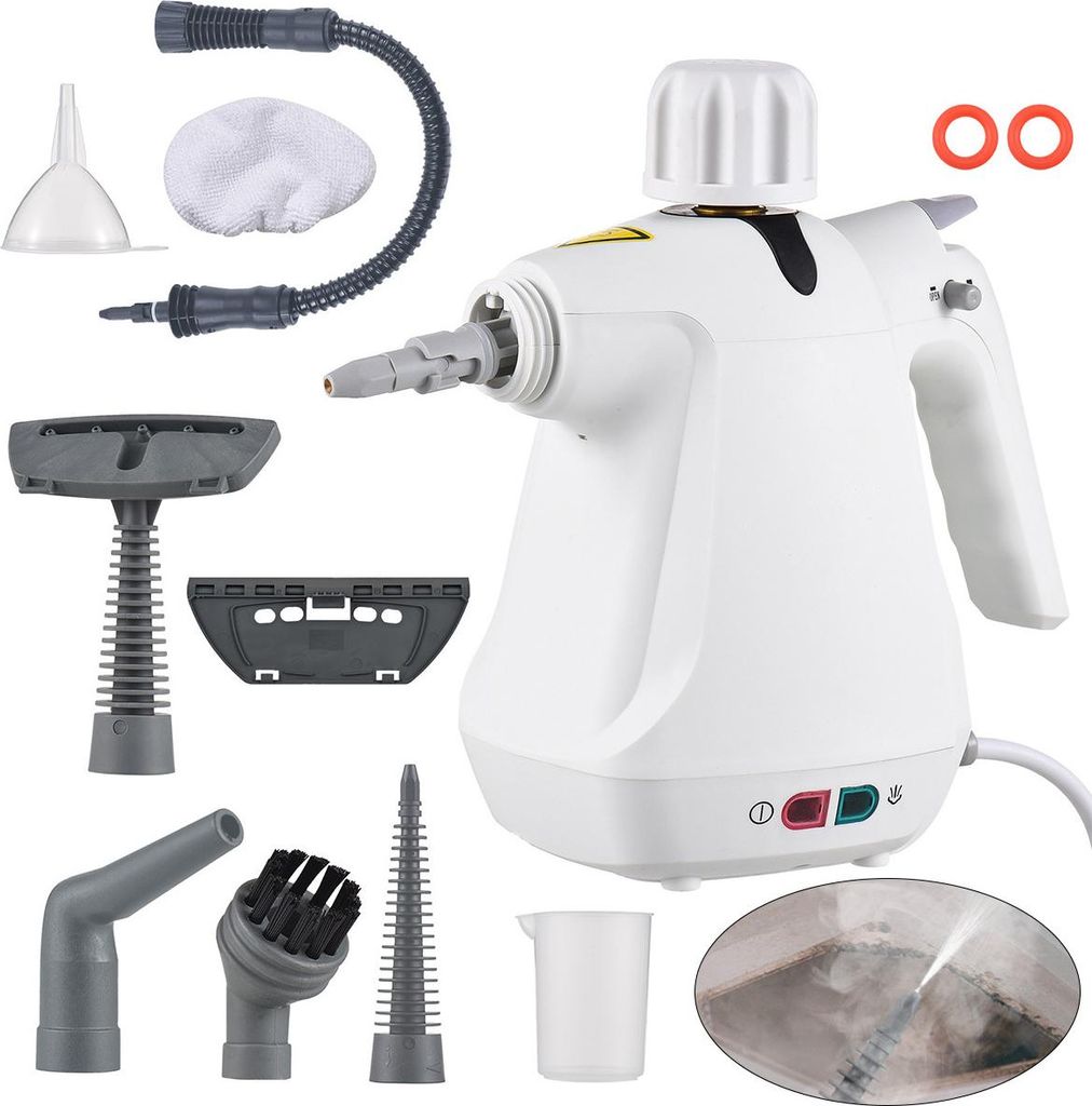 Dampfreiniger Weiß 1000W, Hochdruck, 3.0 Bar Handdampfreiniger, mit 10-teiligem Zubehör für Boden, Glas & Polster