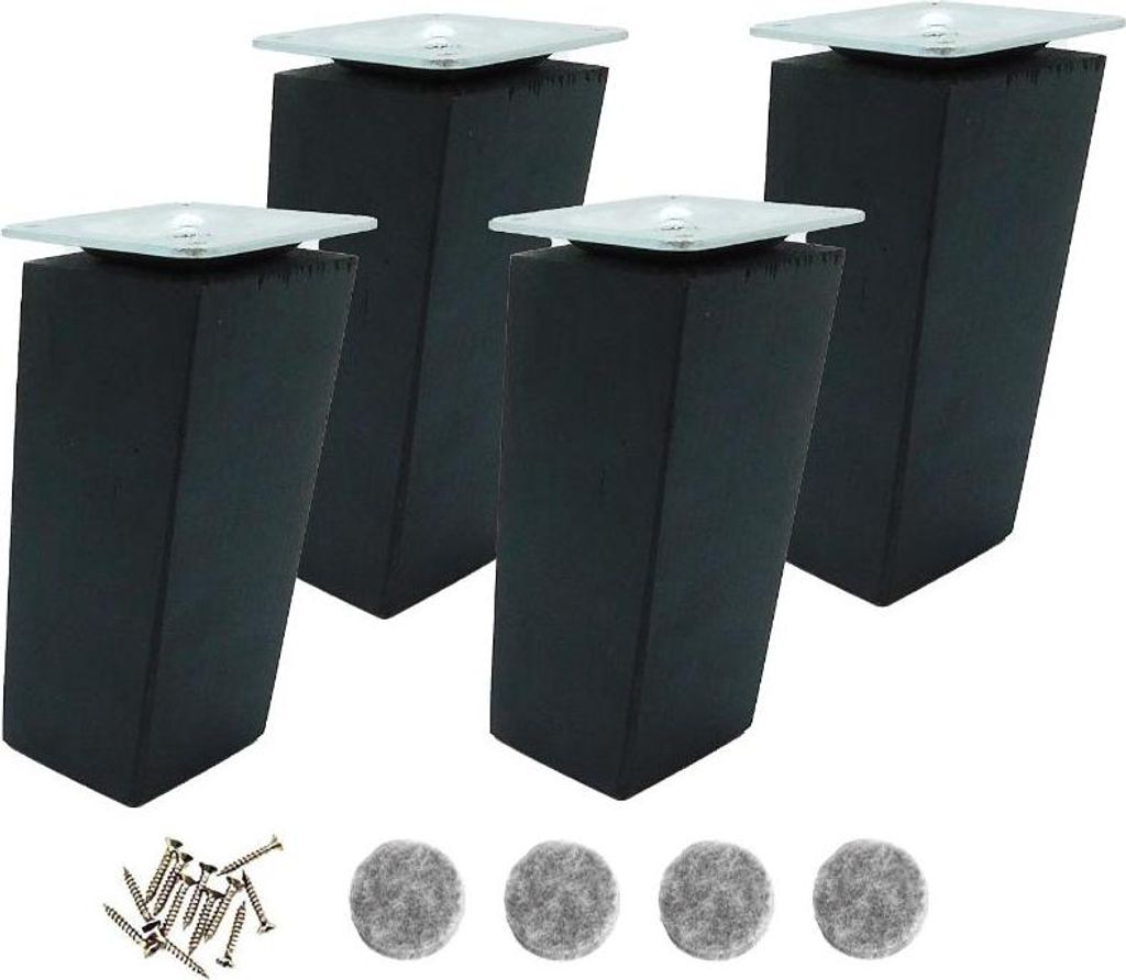 4x Möbelbein Holz schräg 5x5 cm – 12 cm – Schwarz lackiert – Montageset