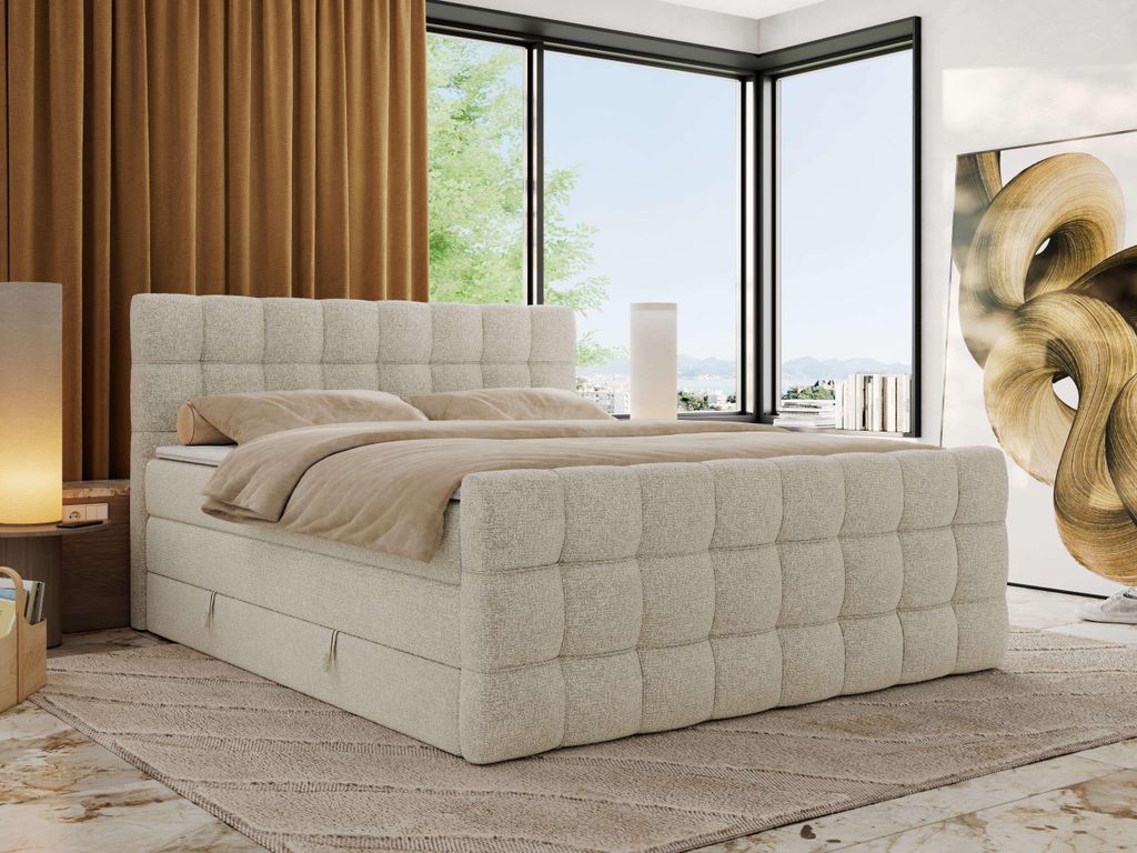 MKS MEBLE Boxspringbett mit Stauraum ALTIVO KING DUO 140x200 Bett mit Fußteil Multipocket-Matratze H4 Polsterbett für das Schlafzimmer - Creme St...