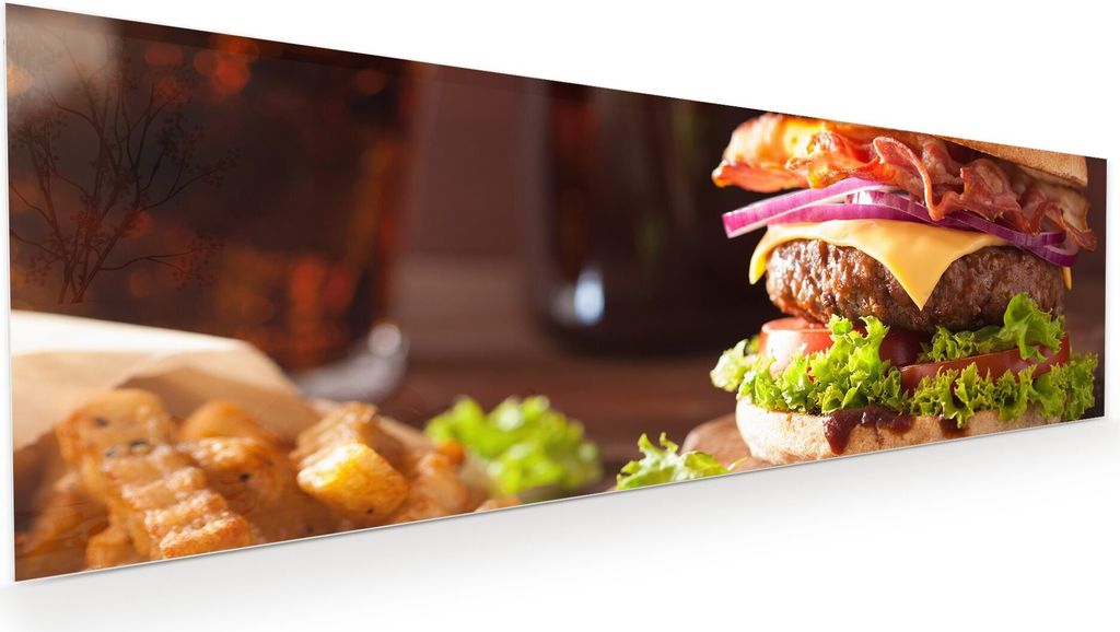 Glasbild Wandbild Ein Riesenburger 120x40cm in XXL für Wohnzimmer, Schlafzimmer, Badezimmer, Flur